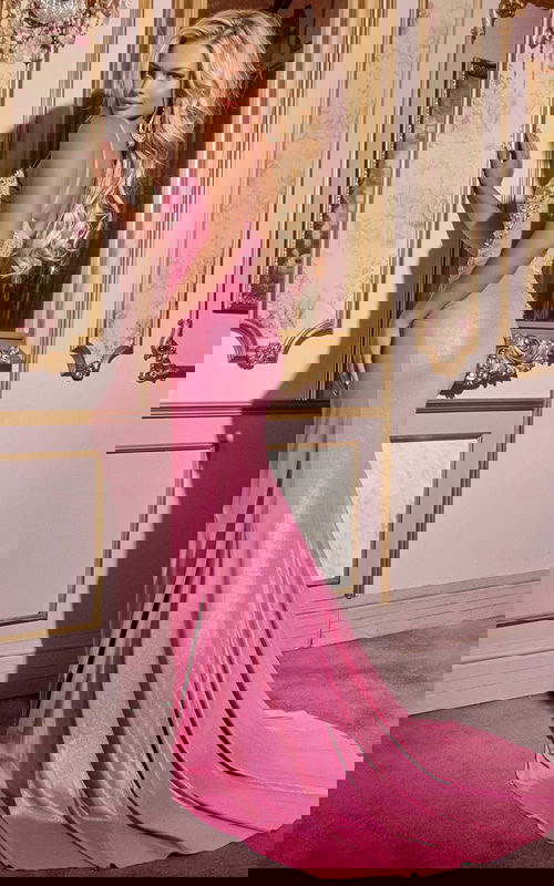 Model wearing Jovani D5046 elegant pink gown showcasing back details.