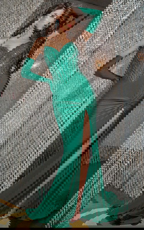 model wearing Jovani D5061 green dress with sweetheart neckline and high slit