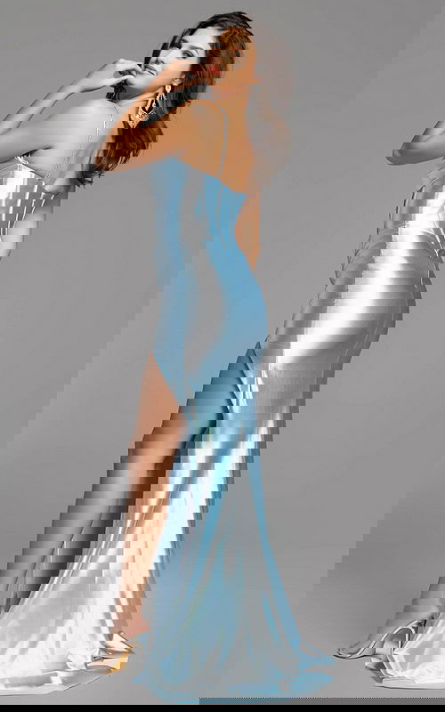 blue high slit dress D5073