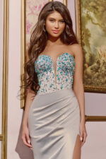 model wearing D5076 gold dress with a strapless neckline and sequin floral bodice