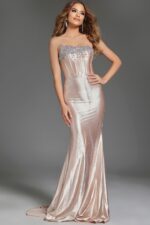 Model wearing Jovani D5100 front view with sweetheart neckline and embellishments.