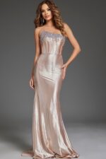 Model wearing Jovani D5100 showcasing front view with column silhouette.
