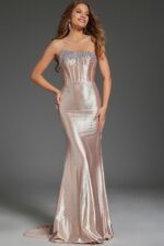 Model wearing Jovani D5100 front closer view highlighting embellishments.