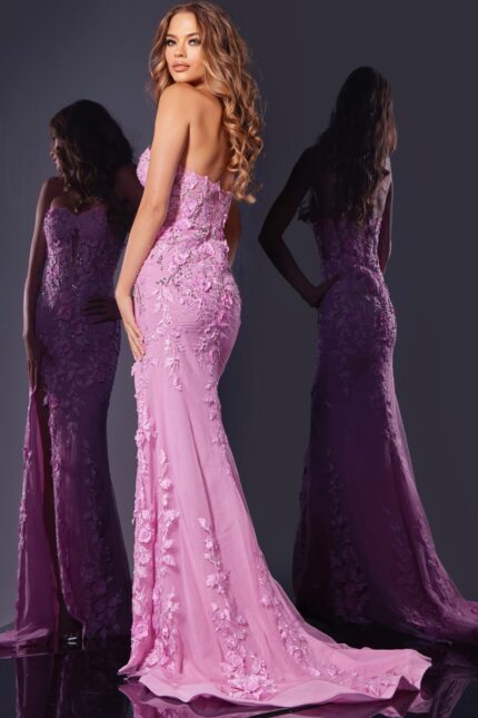 Back view of Jovani D5107 lilac dress highlighting elegant design and floral motifs.
