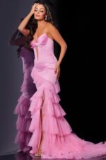 model wearing D5114 pink dress in full length front view