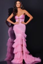 model wearing D5114 pink dress with sweetheart neckline and cascading ruffles