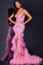 model wearing D5114 pink dress showing front view with high slit