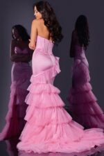 model wearing D5114 pink dress showing back view with cascading ruffles