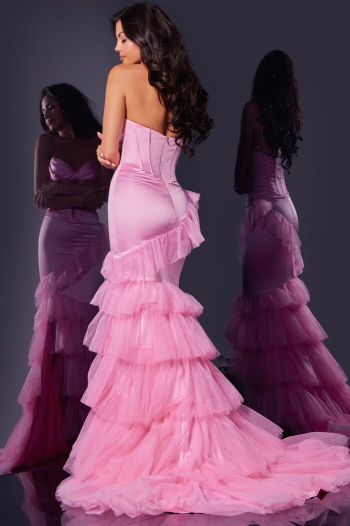 model wearing D5114 pink dress showing back view with cascading ruffles