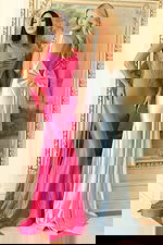 blue and pink backless dresses with bow details D5304