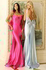 blue and pink backless dresses with bow details D5304