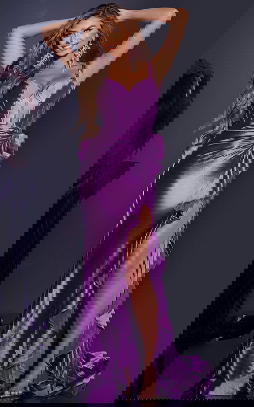 Model wearing Jovani D5305 purple gown with sweetheart neckline and high slit.