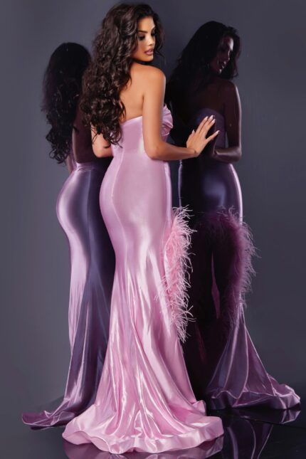 Back view of model wearing Jovani D5314 pink gown with satin shimmer.