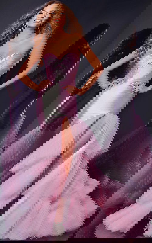 model wearing D5315 pink gown with sweetheart neckline and cascading tulle layers