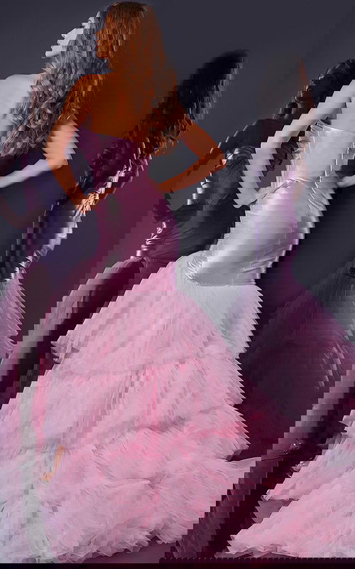 back view of D5315 pink gown featuring flowing layers and fitted design