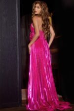 Close-up of model wearing Jovani D5404, highlighting pink sweetheart neckline and floral detail.