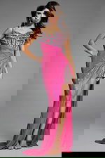 Vibrant pink formal dress featuring intricate beadwork.