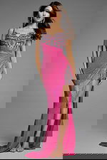 Beaded bodice pink evening dress with draped skirt.