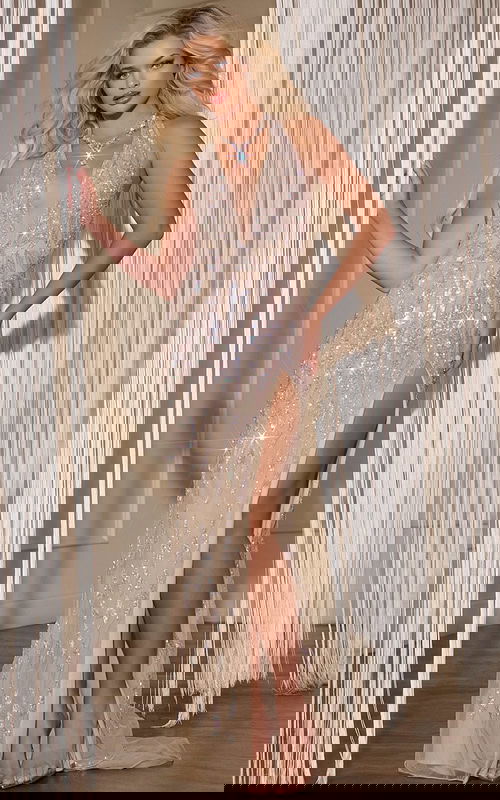 Model wearing Jovani D5701 silver dress with sparkling details, front view.