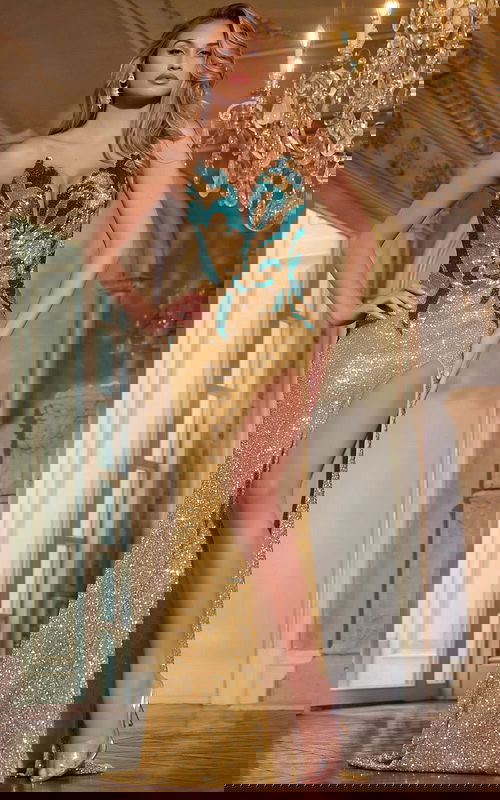 Model wearing Jovani D5723 nude sequin gown with sweetheart neckline and high slit from the front.