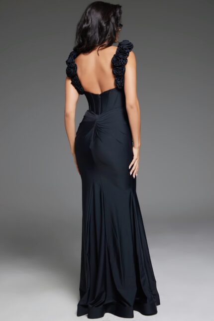 Back view of Jovani D5810 dress, featuring floral detail on straps.