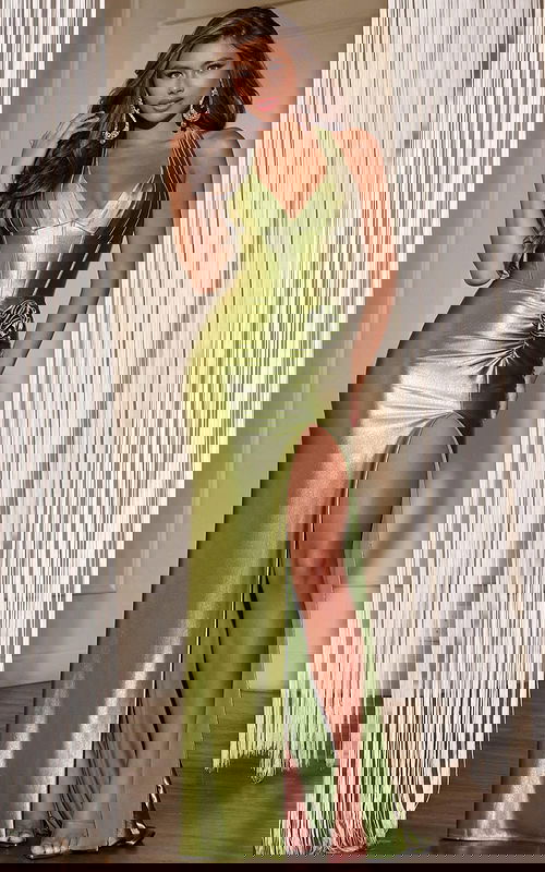 olive v neckline satin dress D5814