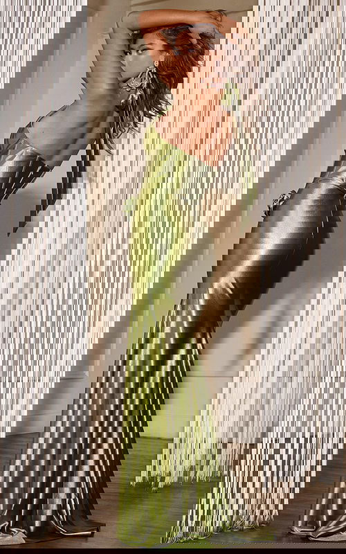 olive satin dress with floral details D5814