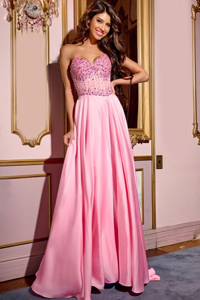 Elegant Jovani D6021 pink gown with flowing skirt and sweetheart bodice.