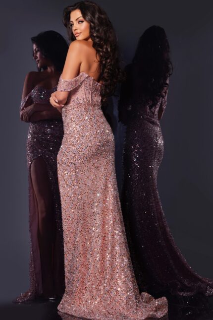 Full-length image of Jovani D6023 blue gown with off-the-shoulder neckline and sequin design.