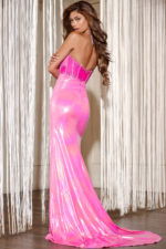 Back view of model wearing D6030 in pink showcasing fitted silhouette