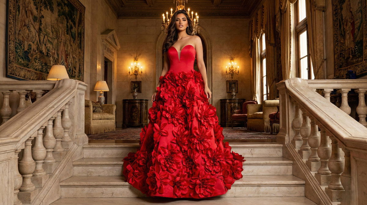 Full-length view of a luxury red strapless ball gown with a voluminous 3D floral skirt on a grand staircase