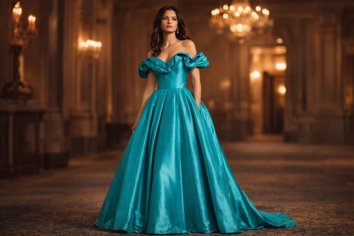 Aqua off-the-shoulder floor-length evening ball gown with a voluminous satin skirt.