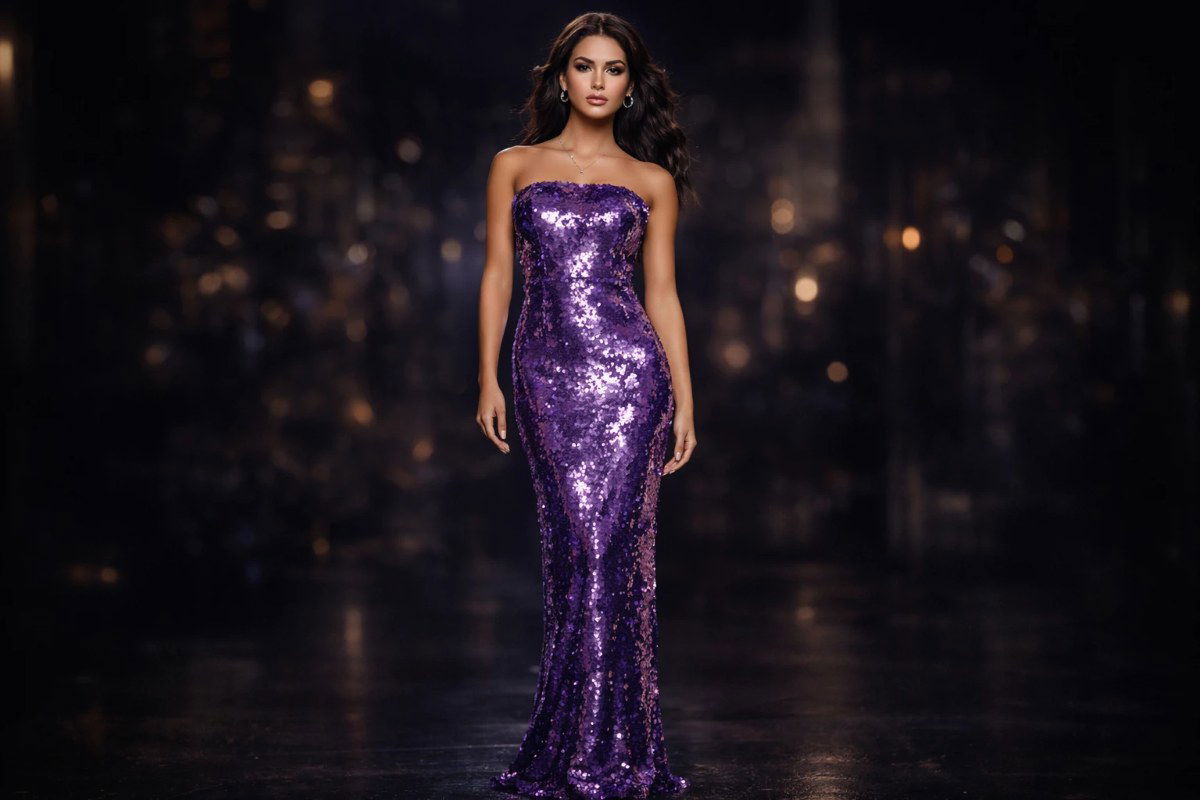 Strapless purple sequin floor-length evening gown with a fitted silhouette.