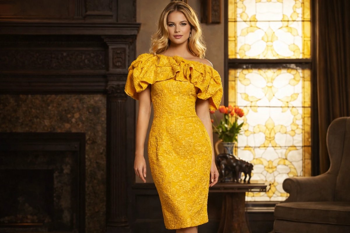 Yellow off-the-shoulder knee-length evening dress with puff sleeves.
