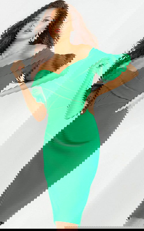 model wearing 06832 green off-the-shoulder dress with puff sleeves