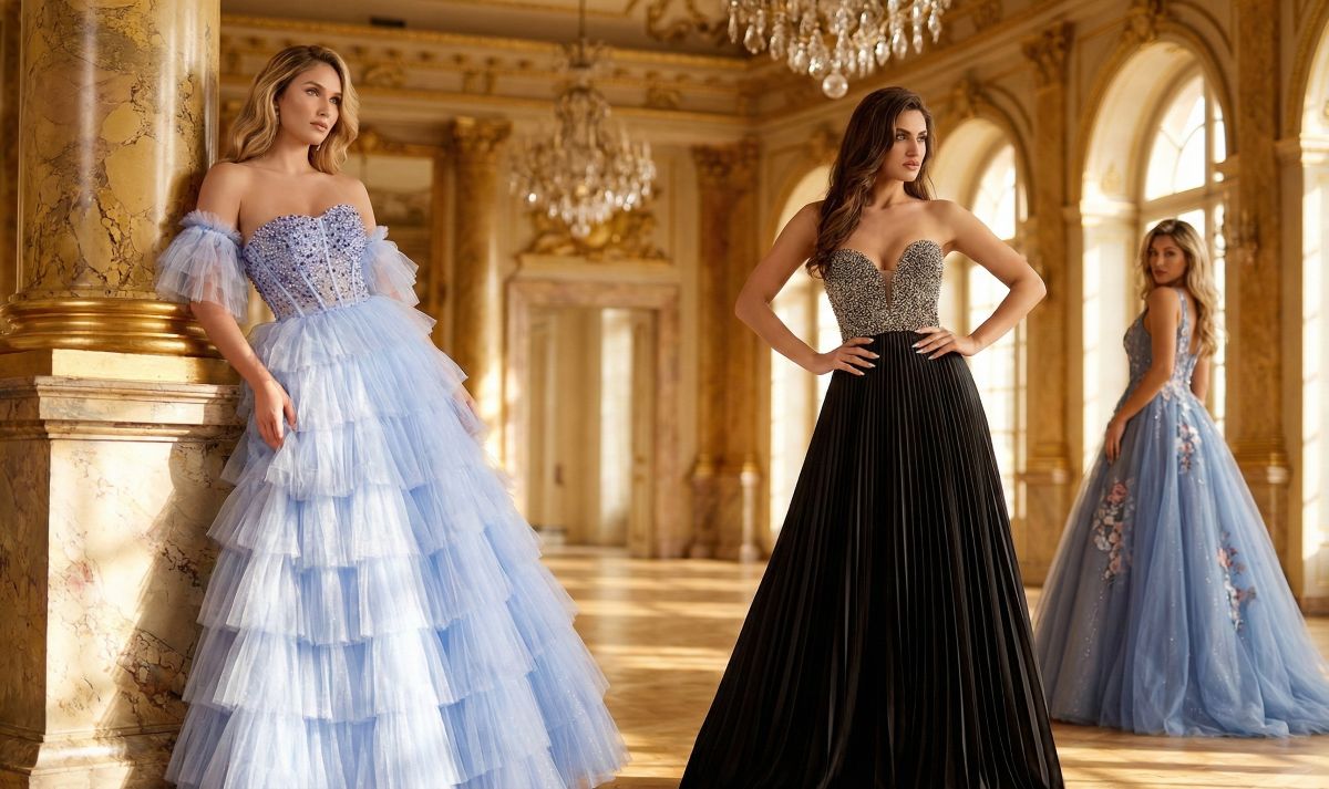 Models wearing elegant ball gowns in a luxurious ballroom.