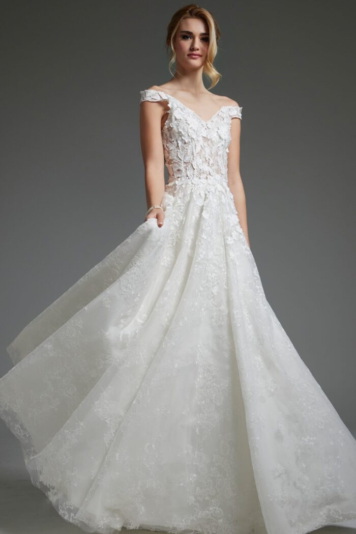 Model wearing Jovani JB05402 off-the-shoulder white dress with lace in front view.