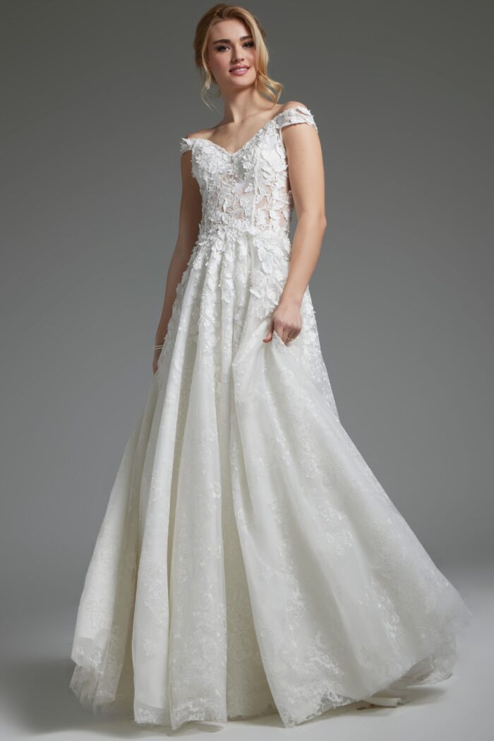 Model wearing Jovani JB05402 off-the-shoulder white dress in a full-length front view.