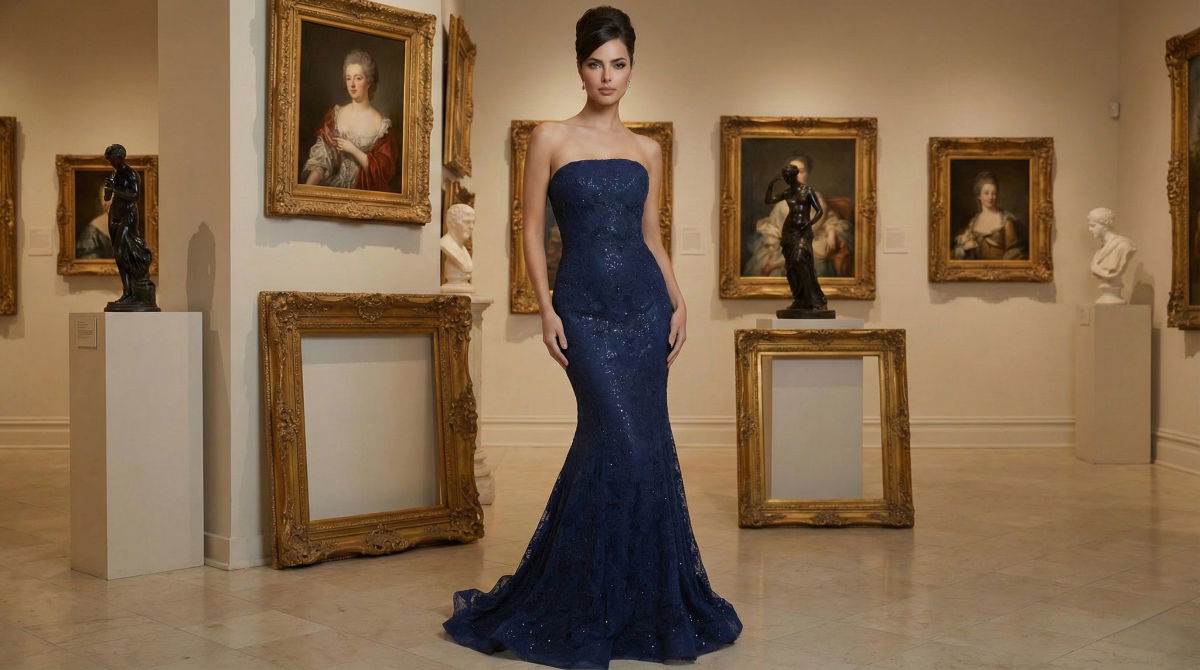 Navy lace mermaid gown in art gallery