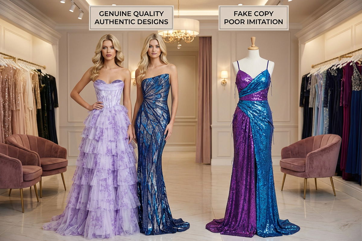 Side-by-side comparison of genuine designer gowns versus a poor quality fake imitatio