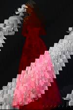 Romantic floral embroidered long gown with strapless bodice and flared hem