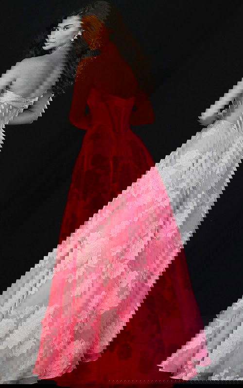 Romantic floral embroidered long gown with strapless bodice and flared hem