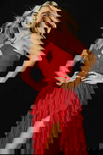 Close-up of halter neckline gown with front keyhole and shimmer fabric