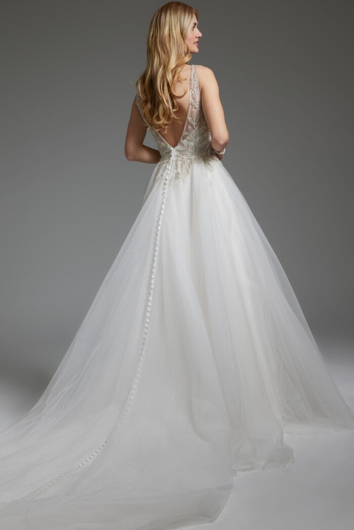 Back view of Jovani JB03500 white gown with low V-back and button detailing.