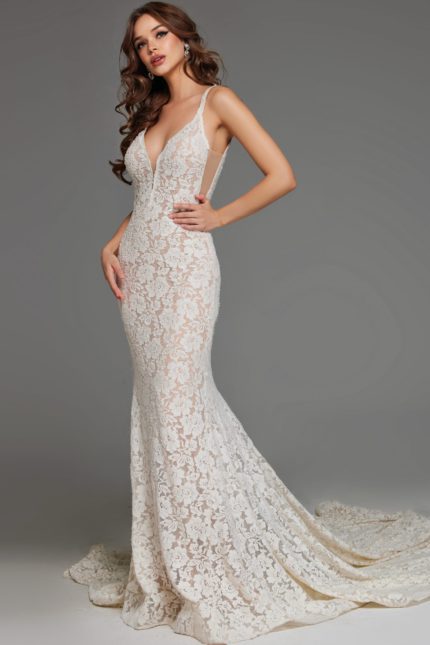 Model wearing Jovani JB03864 ivory dress with mermaid silhouette and V-neckline, front view.