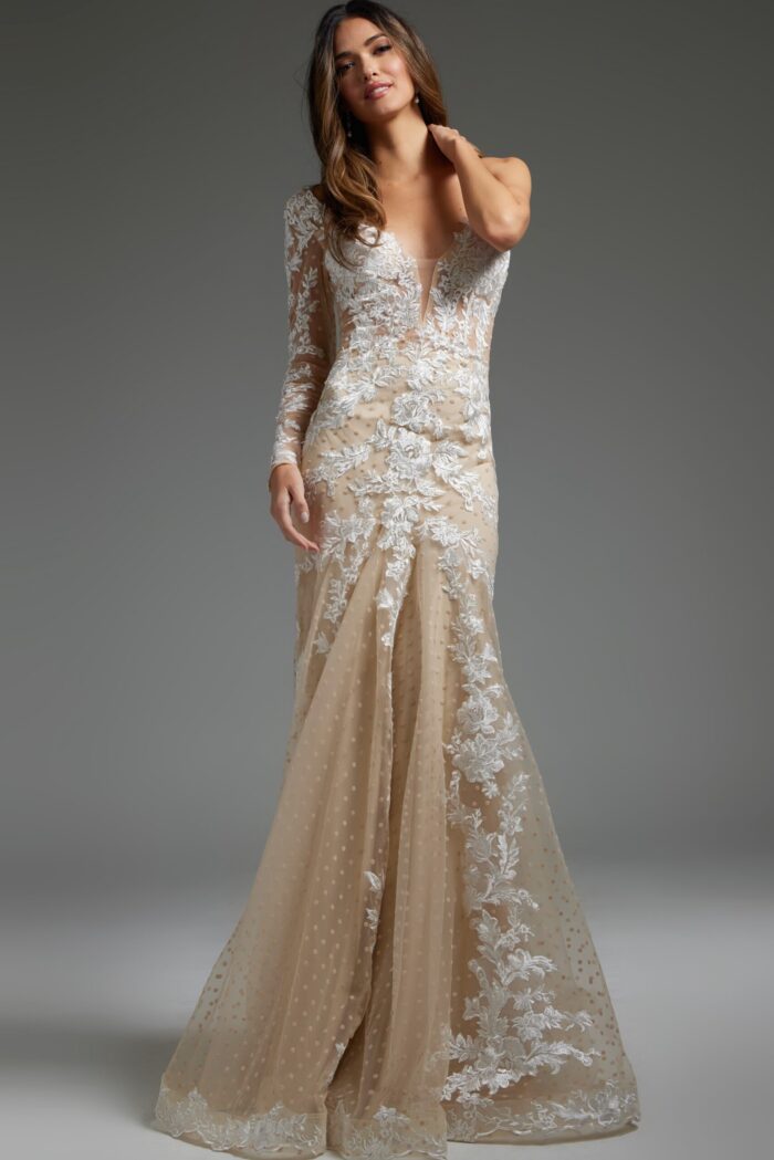 Model wearing Jovani JB06650 stunning gown with lace details, front view