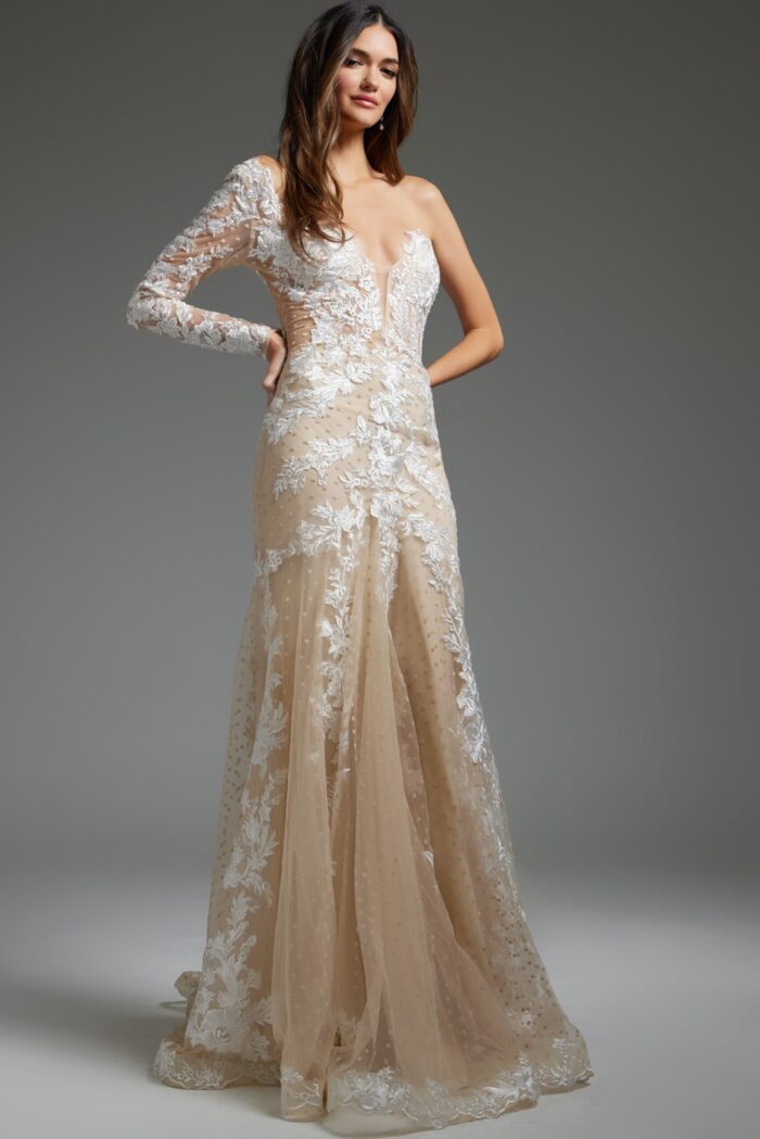 Model showing front of Jovani JB06650 gown with deep V-neckline