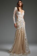 Model wearing Jovani JB06650 elegant floor-length gown, front view