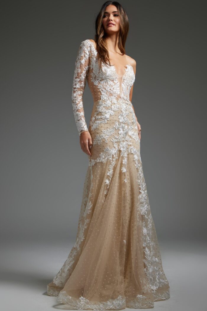 Model wearing Jovani JB06650 elegant floor-length gown, front view