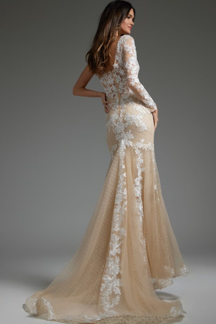 Back view of Jovani JB06650 floor-length gown showcasing lace details